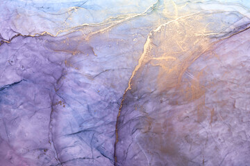 Luxury abstract background in alcohol ink technique, purple gold liquid painting, scattered acrylic...