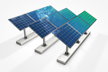Photovoltaic solar panel on sky and white background, 3D illustration