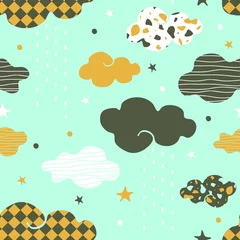 Fototapete Seamless vector pattern with textured clouds on blue background. Simple happy weather wallpaper design. Decorative rainy sky fashion textile. © Randmaart