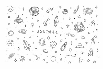 Space doodle set. Planet, rockets, stars, comets, ufo, asteroid, moon, constellations isolated on white background. Outline astronomical objects collection. Vector children education cute illustration