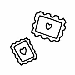 Doodle Postage Stamp with hearts. Hand drawn outline letter isolated on white background. Sign of communication, message, mail, Valentines Day, February 14 love Valentine. Vector cute illustration