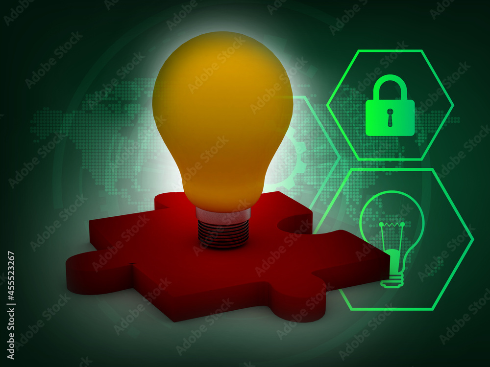 Poster 3d rendering led yellow light bulb on puzzle