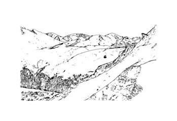 Fototapeta na wymiar Building view with landmark of La Plagne is a French ski area in the alpine valley of the Tarentaise. Hand drawn sketch illustration in vector.