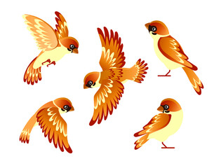 Sparrow in various poses. Cartoon style, colorful set. Vector illustration isolated on a white background.