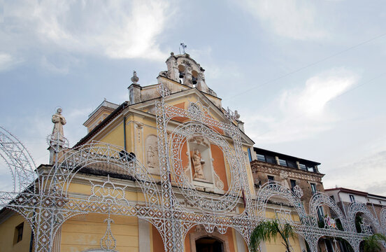 Decorative illuminations ornate the church for the patron Saint day. Marina di Camerota, Italy.