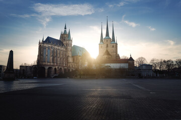 Domplatz Square View with Erfurt Cathedral and St. Severus Church (Severikirche) at sunset - Erfurt, Thuringia, Germany