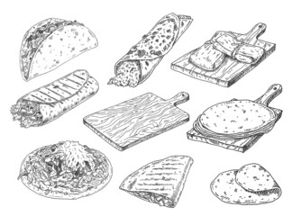 Mexican traditional food set with Guacamole, Enchilada, Burrito, Tacos, Nachos