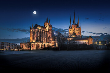 Domplatz Square View with Erfurt Cathedral and St. Severus Church (Severikirche) at night - Erfurt, Thuringia, Germany