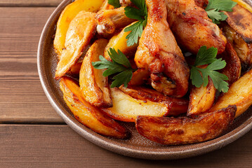 Fried potatoes with chicken legs, on a brown wooden table, horizontal, no people,