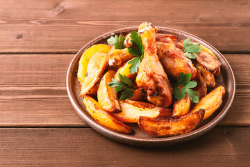 Fried potatoes with chicken legs, on a brown wooden table, horizontal, no people,