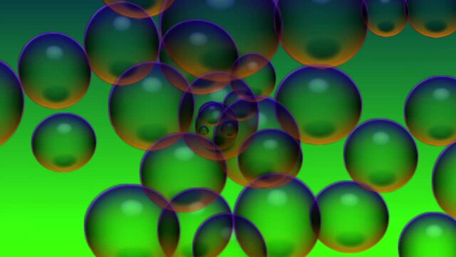 abstract colorful bubbles animation on green background. Viscous liquid bubbles motion animation. Concept of natural essential oil for cosmetics. Macro 3D render of fluid flow.