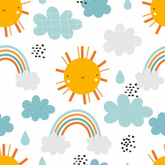 Vector hand-drawn seamless childlish pattern with cute sun, clouds, drops and rainbows on a white background. Kids texture for fabric, wrapping, textile, wallpaper. Trendy scandinavian print.