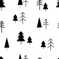 Obraz premium Vector seamless pattern with doodle cute christmas trees on a white background. Cute scandinavian forest background. Nature. Landscape. Creative kids texture for fabric, wrapping, textile, wallpaper.