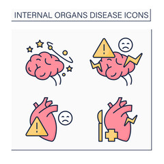 Internal organs disease color icons set. Diagnostic and special medical treatment for affected brain and heart. Healthcare concept. Isolated vector illustrations