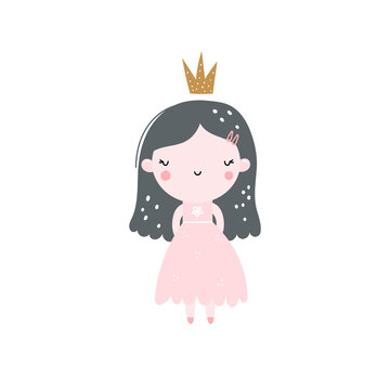 Vector hand-drawn colored childrens illustration with cute girl princess in a pink dress with a crown on a white background. Creative scandinavian kids print with cute girl. Little princess.