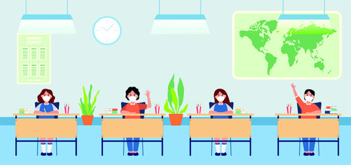 Back to school for new normal lifestyle banner social distancing in class room Concept, Prevention tips infographic of coronavirus 2019. boy and girl wearing mask Sitting on the desk
