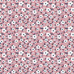 Ditsy Floral seamless pattern. Small white blue meadow flowers, tiny wildflowers on pink background. Vintage Millefleur Vector texture for fashion, nursery print, textile, fabric, wrap, gift paper
