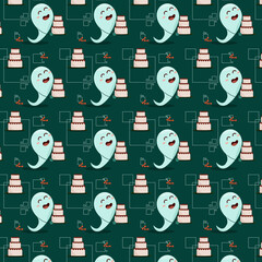 seamless pattern happy ghost carries guests a delicious cake on a green background