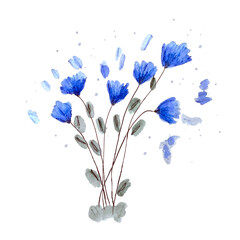 Vector hand drawn watercolor bouquet of blue flowers isolated on white