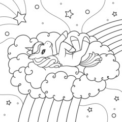 The unicorn lies on the clouds against the background of the starry sky. Coloring book. Vector illustration isolated on white background