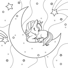 The unicorn sleeping on the moon against the background of the starry sky and clouds. Coloring book page. Vector illustration on white background.