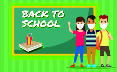 Social distancing at school after pandemic. Back to school concept after epidemic. Kids wearing face masks and maintaining safe distance. New normal scene for children.