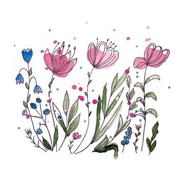 Vector illustration of hand drawn watercolor flowers. floral watercolor background.