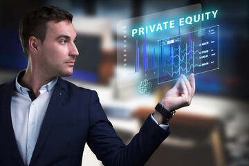 Business, Technology, Internet and network concept. Young businessman working on a virtual screen of the future and sees the inscription: Private equity