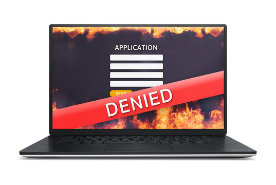 Application Denied Screen On Black Laptop. Negative Mockup Website Application Form. Concept For Rejection Of Applications Such As Credit Card, Loan, Mortgage Or Financial Problems. Isolated.