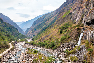 Waterfall at the Urubamba river near Machu Picchu in Peru