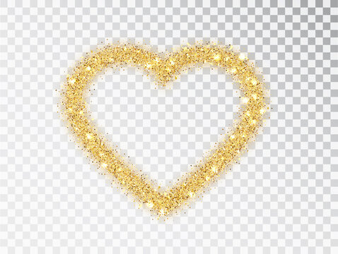 Gold glitter heart frame with sparkles on transparent background. Valentine's Day design template for card, poster, invitation, flyer, gift, cover. Vector golden dust isolated.