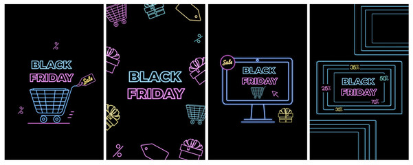 Black Friday Sale. Online shopping , internet ads in neon style. E-commerce. Promotional banners