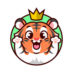 Cute cheerful tiger with a golden crown on his head is rising up his hand. Cartoon mascot