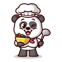 Cute panda chef is serving food and bring a soup spoon. Cartoon mascot