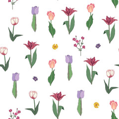 Tulips and flowers spring vector seamless pattern