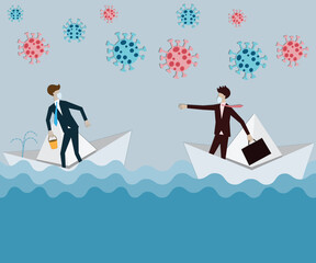 Flat design of crisis management,Young man standing on a leaking paper boat and another boat came to help - vector