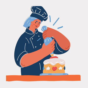 Vector illustration of woman pastry chef make cake.