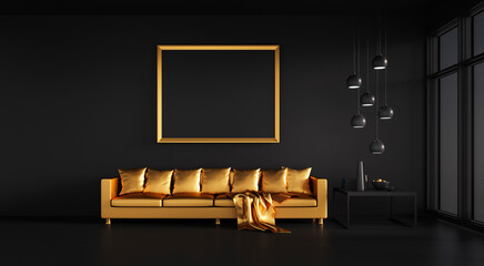 Black  lounge room with golden sofa - obrazy, fototapety, plakaty