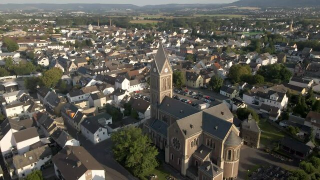 Aerial of beautiful church in the center of a small German town