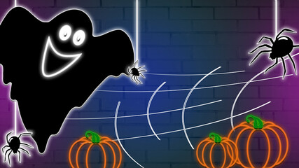 neon background for halloween, with a ghost and spiders