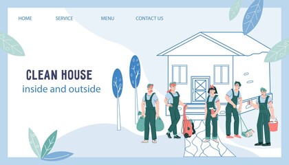 Web site banner of cleaning company. Design for  web page, banner or presentation of house and garden cleaning service, flat cartoon vector illustration.