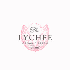 Lychee Abstract Vector Sign, Symbol or Logo Template. Hand Drawn Exotic Fruit Sketch with Retro Typography. Vintage Luxury Emblem. Isolated