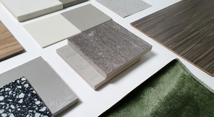 samples of interior material consists concrete tile, wooden laminated or veneer, artificial stones,...