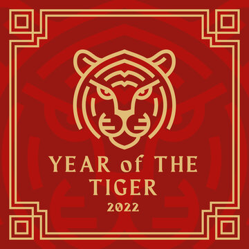 Happy New Year 2022 Illustration, Emblem or Greeting Card Template. Hand Drawn Golden Tiger Chinese Zodiac Sign with Tradition Frame on Red Background. Holiday Symbol. Isolated