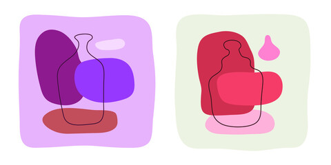 Wine liquor bottle on abstract background. Hand drawn doodle various shapes, spots. Contemporary modern trendy illustration. Minimalistic сoncept of alcoholic beverages. Flat style graphic design