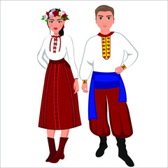 Woman and man in folk national Ukrainian costumes. Vector illustration