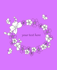 Postcard with a wreath of white flowers. Purple background with place for text. For invitations, congratulations, celebrations. Vector illustration.