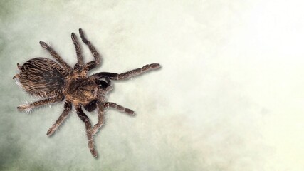 The wild brown spider is on the rough ground.