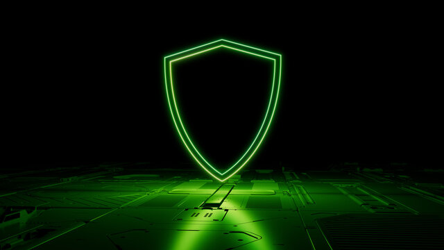 Green Security Technology Concept with shield symbol as a neon light. Vibrant colored icon, on a black background with high tech floor. 3D Render