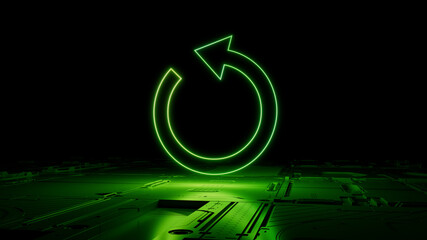 Green neon light refresh icon. Vibrant colored Reload technology symbol, on a black background with high tech floor. 3D Render